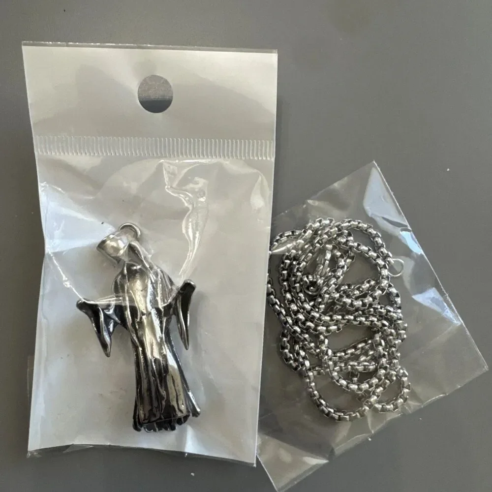 Grim Reaper Pendant Dark Metal Tone Stainless Steel 24” Chain Gothic Punk Monk